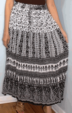 Load image into Gallery viewer, Broomstick Skirt ! Black and white Crinkle Rayon ! One Size, Fits Most ! Peasant Boho !!