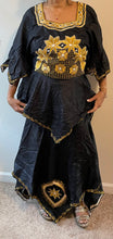 Load image into Gallery viewer, African Skirt Set made in Ghana in Black Color has beautiful Gold embroidery!