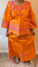 Load image into Gallery viewer, African Skirt Set made in Ghana has an embroidery in Pink color.