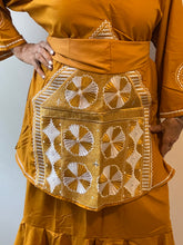 Load image into Gallery viewer, African Skirt Set made in Ghana has embroidery on the top and bottom.