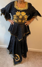 Load image into Gallery viewer, African Skirt Set made in Ghana in Black Color has beautiful Gold embroidery!