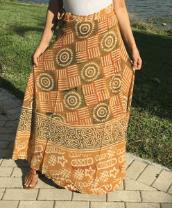 100% Fine Rayon Mustard Color Wrap Skirt | Block Print ! One Size Fits Most |
