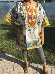 African Unisex White with Yellow Dashiki Plus Size! Hippie Shirt! 60s 70s Look!