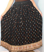 Load image into Gallery viewer, Broomstick Skirt ! Black and Gold Print Crinkle Rayon ! One Size, Fits Most ! Peasant Boho !!