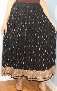 Broomstick Skirt ! Black and Gold Print Crinkle Rayon ! One Size, Fits Most ! Peasant Boho !!