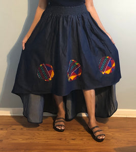 Trendy High Low Flared Blue Denim Skirt with African Pattered!!