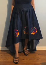 Load image into Gallery viewer, Trendy High Low Flared Blue Denim Skirt with African Pattered!!